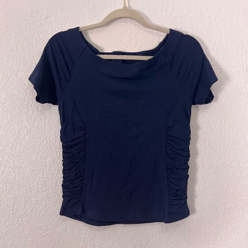 Soft Surroundings Navy Blue Ruched Side Scoop Neck Short Sleeve Top Small